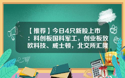 【推荐】今日4只新股上市：科创板国科军工，创业板致欧科技、威士顿，北交所汇隆活塞-导弹上市公司