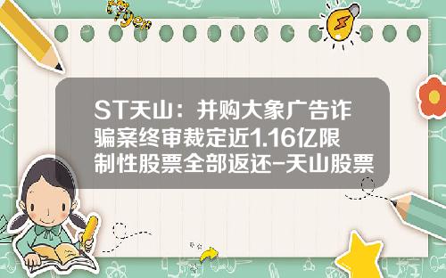 ST天山：并购大象广告诈骗案终审裁定近1.16亿限制性股票全部返还-天山股票资讯