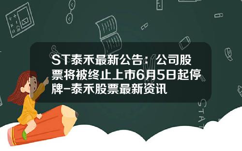 ST泰禾最新公告：公司股票将被终止上市6月5日起停牌-泰禾股票最新资讯